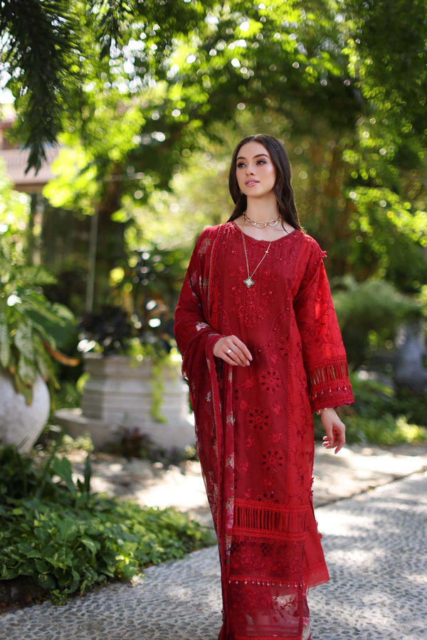 D2-B Deep Red and Maroon | Noor Luxury Chikankari Lawn'24 | Noor by Saadia Asad