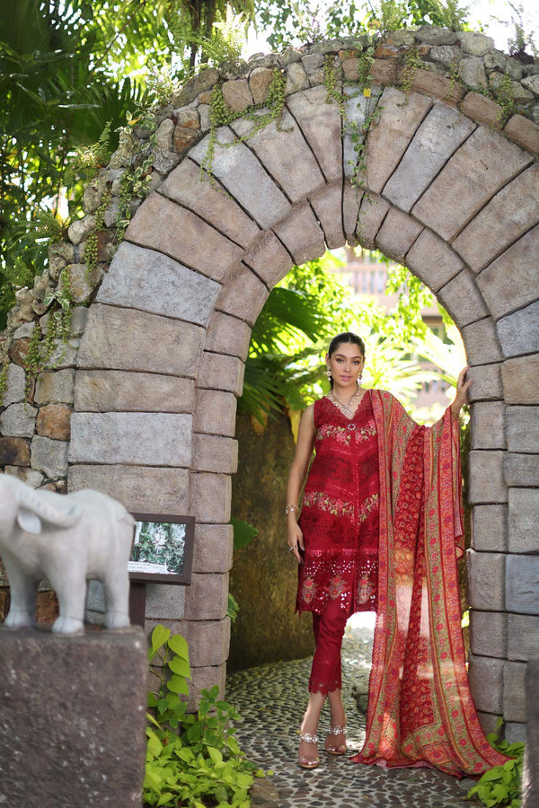 D12-A Red Chevron | Noor Luxury Chikankari Lawn'24 | Noor by Saadia Asad