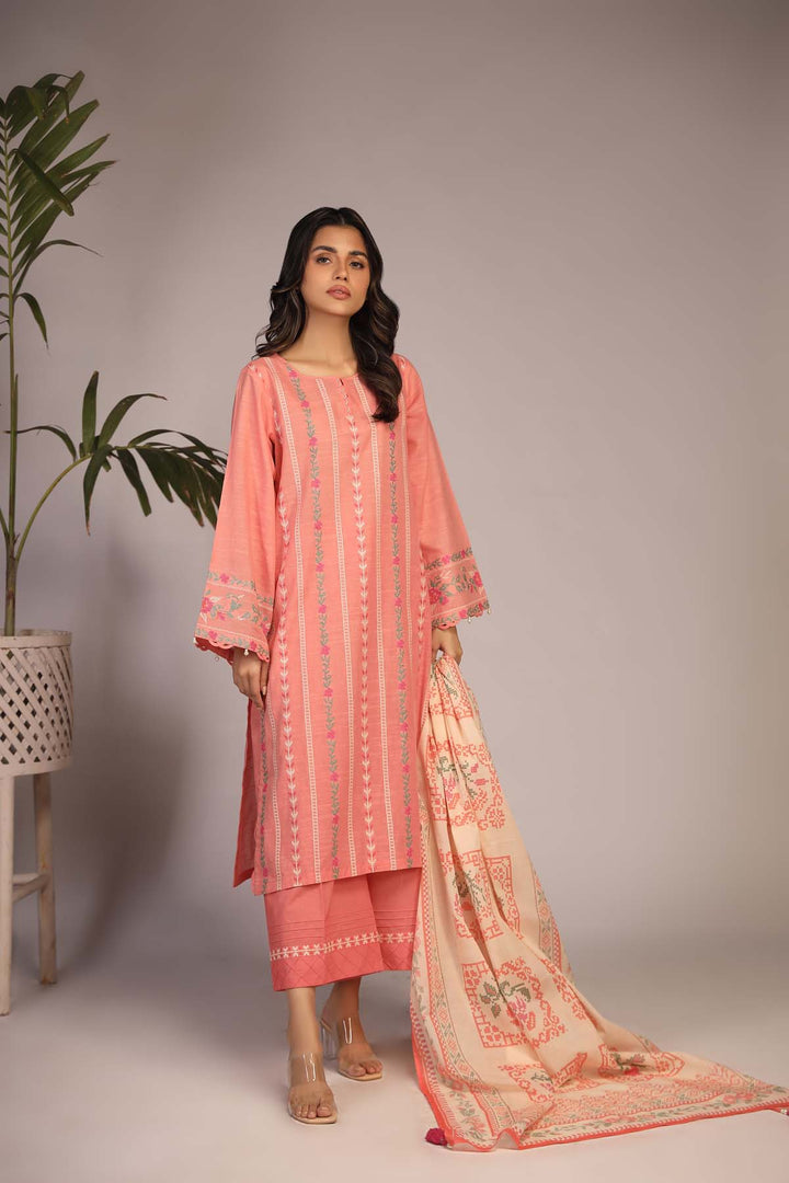  - Eid Festive '23 / Embroidered Slub Lawn 3 Piece / Peach - portia fabrics