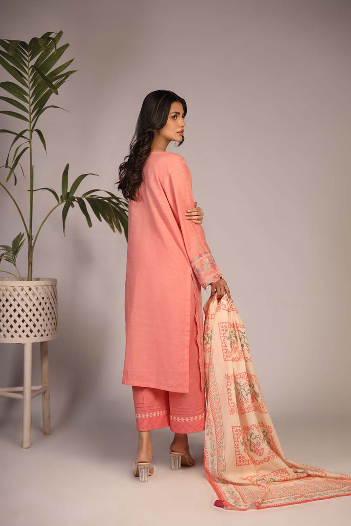  - Eid Festive '23 / Embroidered Slub Lawn 3 Piece / Peach - portia fabrics