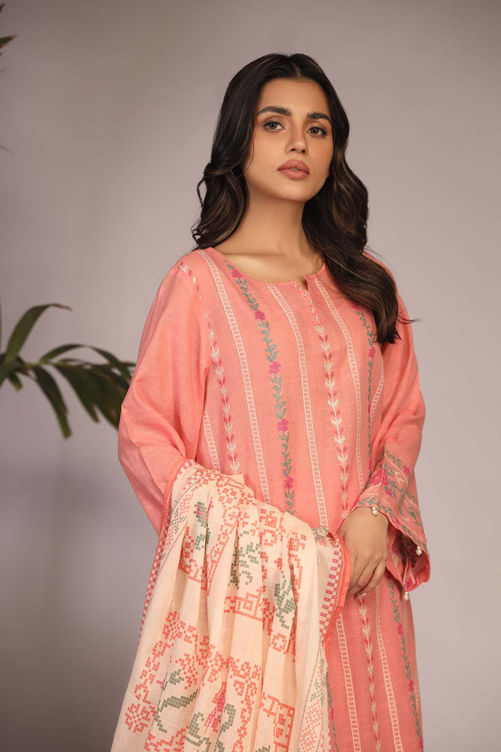  - Eid Festive '23 / Embroidered Slub Lawn 3 Piece / Peach - portia fabrics