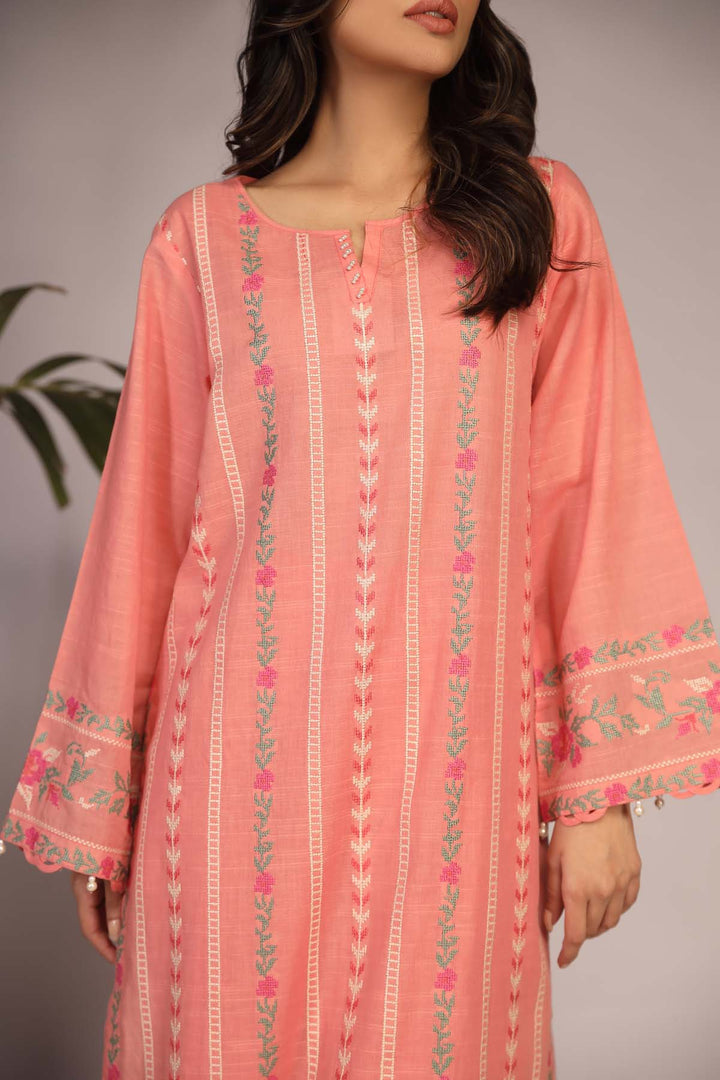  - Eid Festive '23 / Embroidered Slub Lawn 3 Piece / Peach - portia fabrics