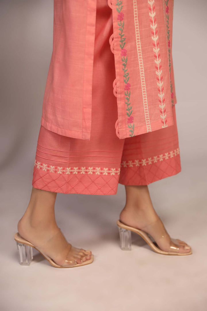  - Eid Festive '23 / Embroidered Slub Lawn 3 Piece / Peach - portia fabrics